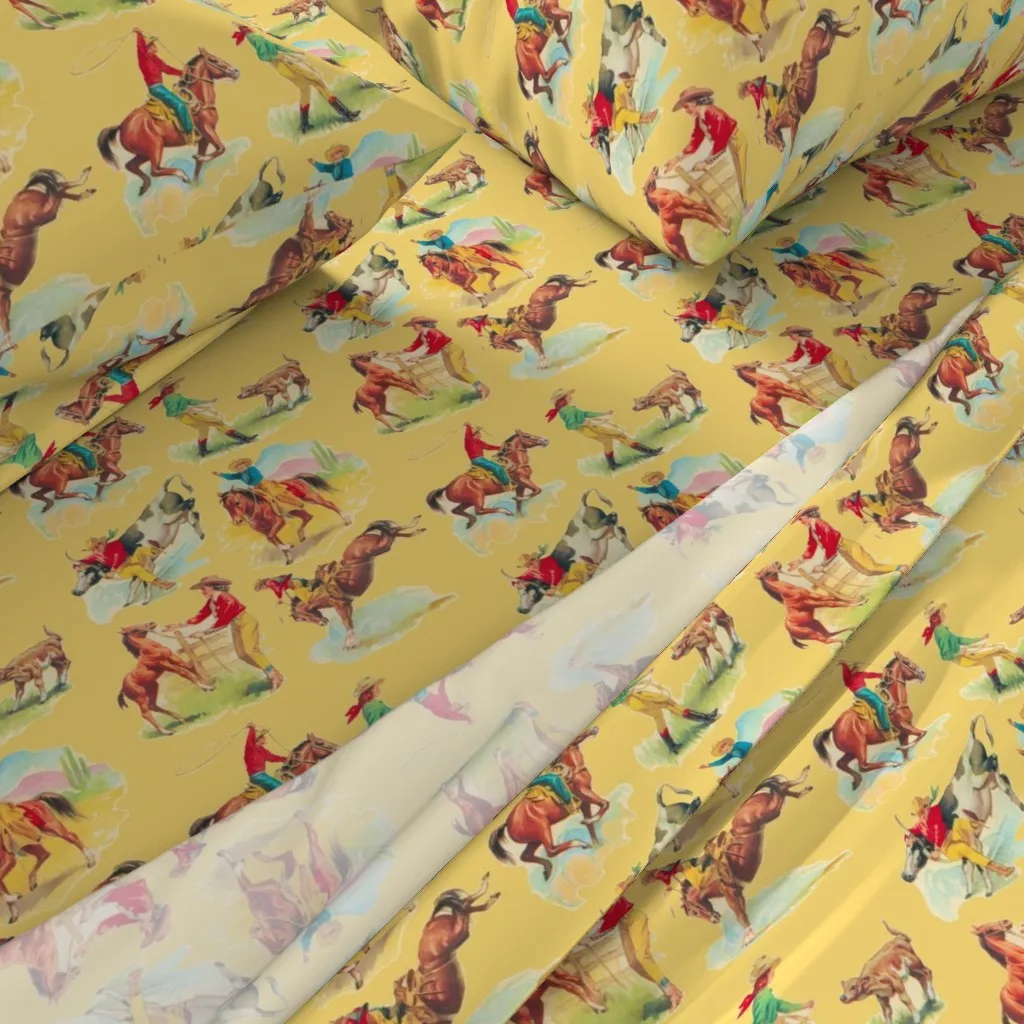 Ride Em Cowboy Cowgirl Horses Ranch Rodeo Twin Sheet Set - Mustard Yellow alternate view