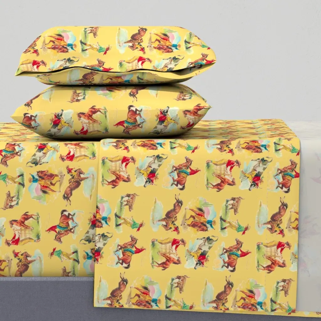 Ride Em Cowboy Cowgirl Horses Ranch Rodeo Twin Sheet Set - Mustard Yellow product