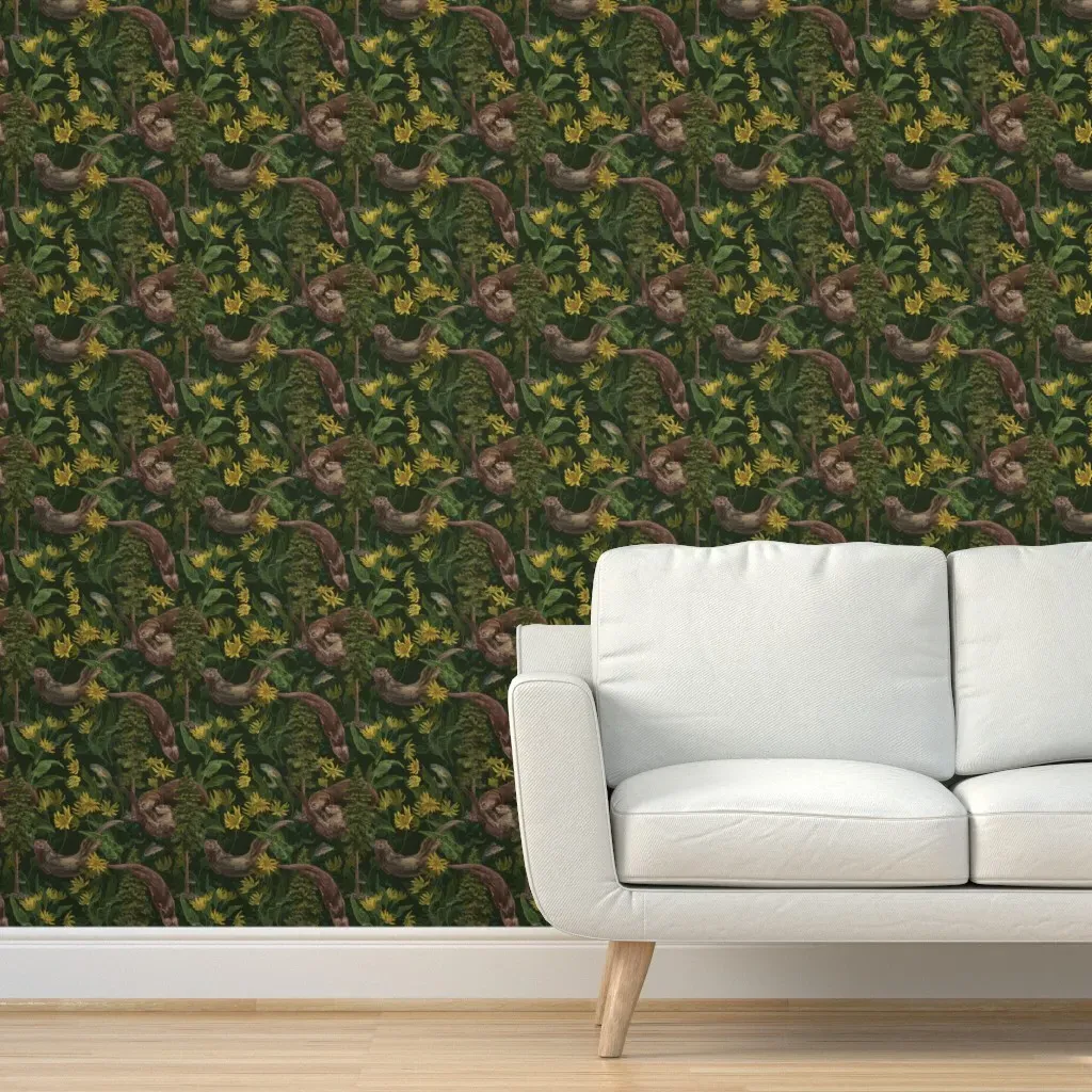 River Otters And Balsamroot Peel and Stick Wallpaper - Dark Green product