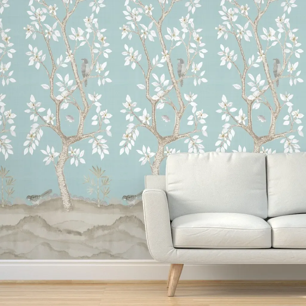Robins Egg Citrus Blossom Tree Panel 2 Peel and Stick Wallpaper - White product