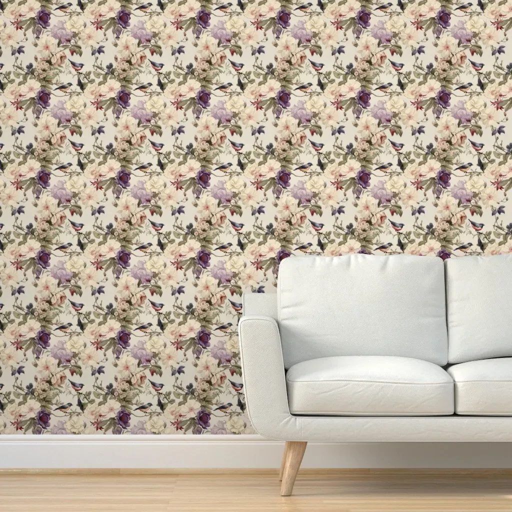 Robins In A Victorian Rose Garden Peel and Stick Wallpaper - Cream product