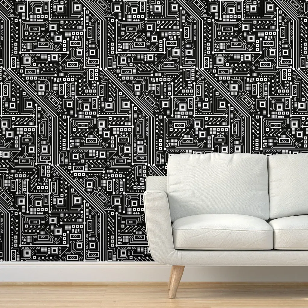 Robot Circuit Board Peel and Stick Wallpaper - Black, White product