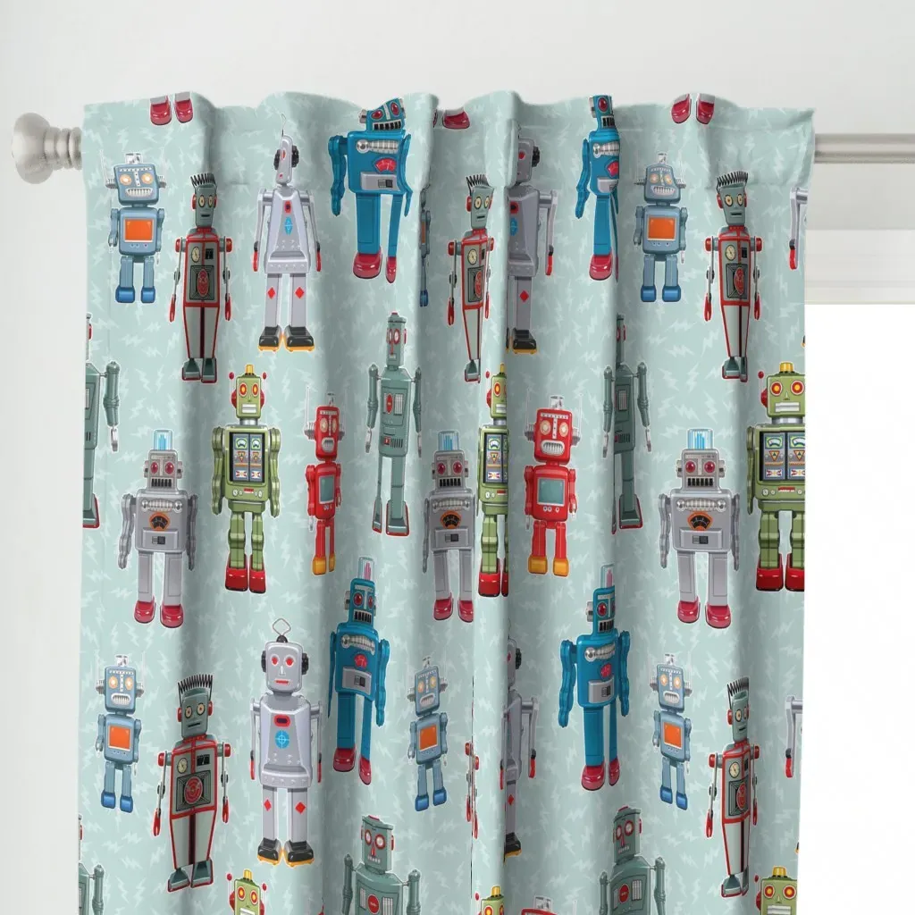 Robots Large Curtain Panel - Teal alternate view