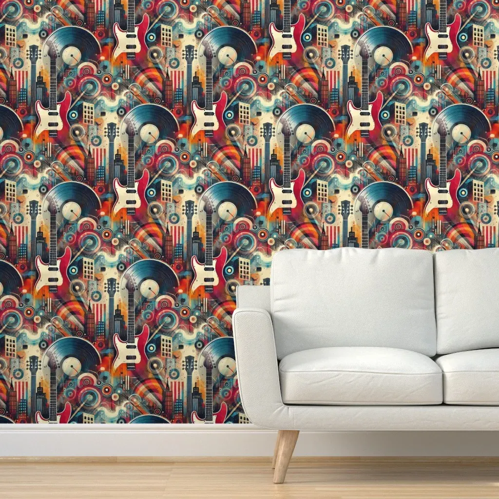 Rock And Roll Band Star Album Cover Music Guitar Vinyl Record Peel and Stick Wallpaper - Red product