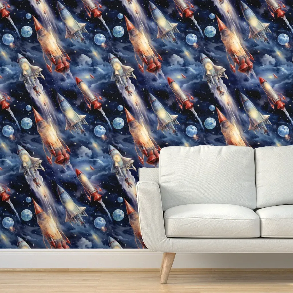 Rocketship Stars Planets Peel and Stick Wallpaper - Red product