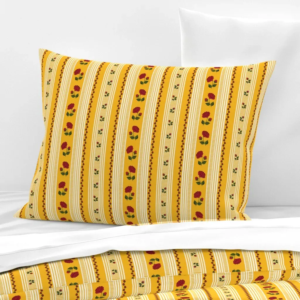 Rococo Stripes With Roses Standard Knife Edge Pillow - Yellow, Cotton Sateen product