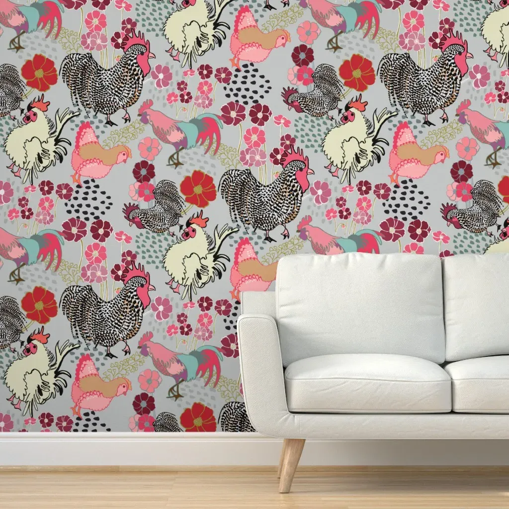 Rooster Parade Peel and Stick Wallpaper - Gray, Pink product