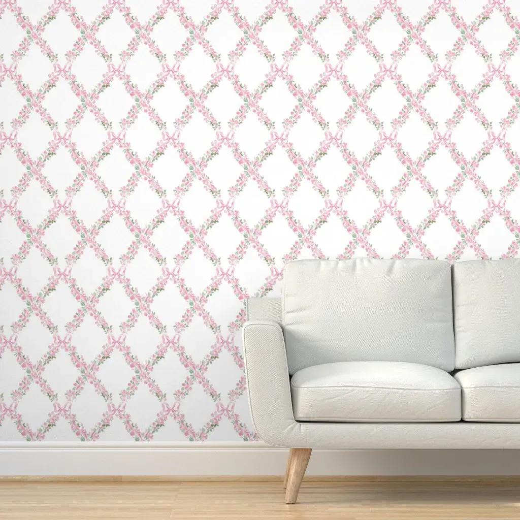Rose Bow Trellis Peel and Stick Wallpaper - Pink, Green product