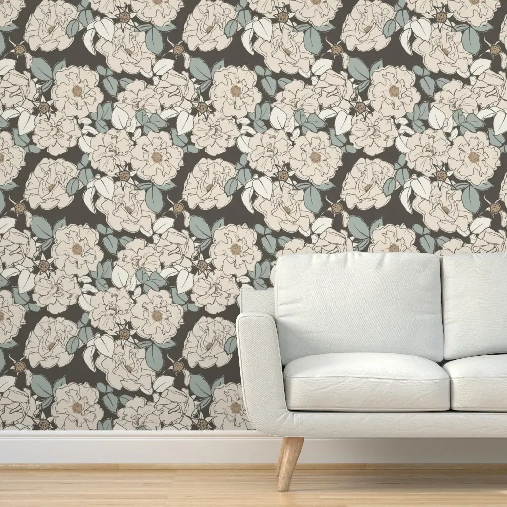 Rose Garden with Sage Green Leaves Peel and Stick Wallpaper - Cream product