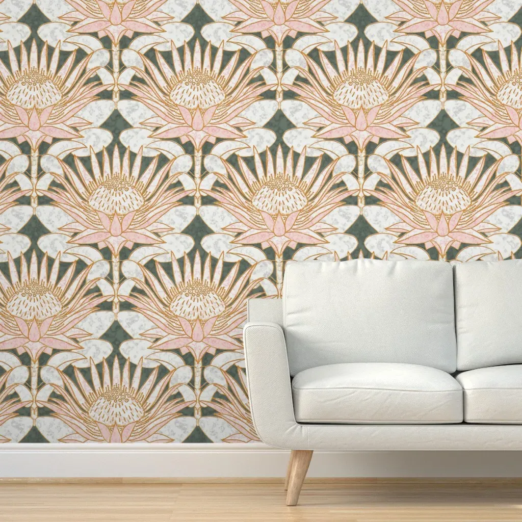 Rose King Protea Art Deco Peel and Stick Wallpaper - Green product