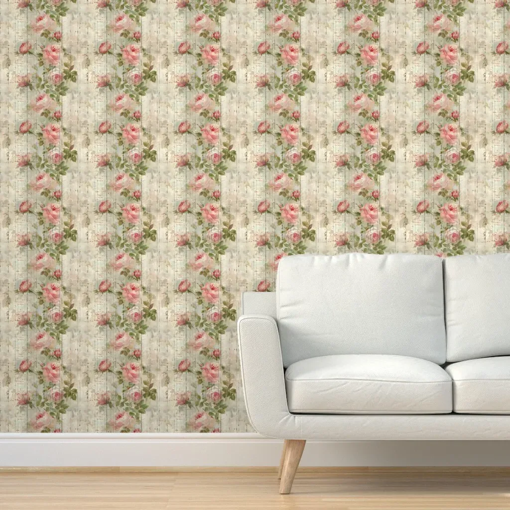 Roses On Distressed Paper Peel and Stick Wallpaper - Pink product