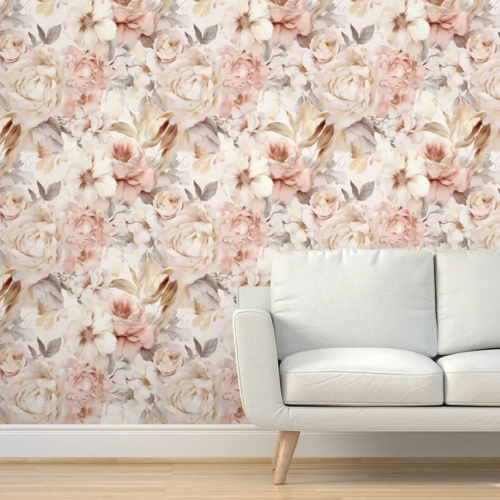 Roses Peony Watercolour Peel and Stick Wallpaper - Blush Pink product