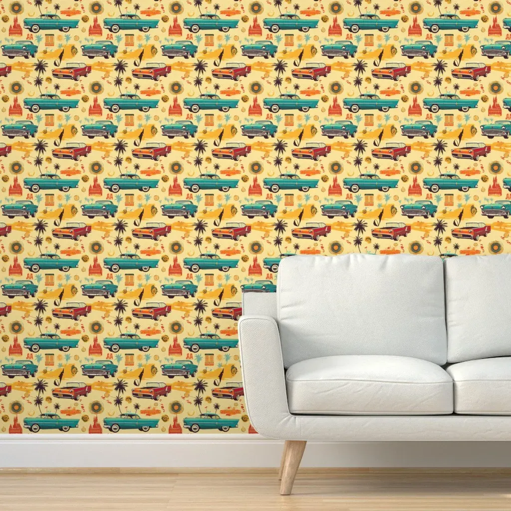Route 66 Classic Car Peel and Stick Wallpaper - Teal product