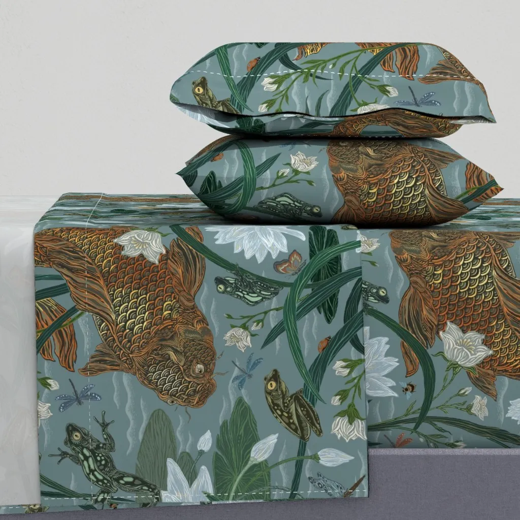 Royal Frog Pond On Misty Blue Queen Sheet Set - Orange product