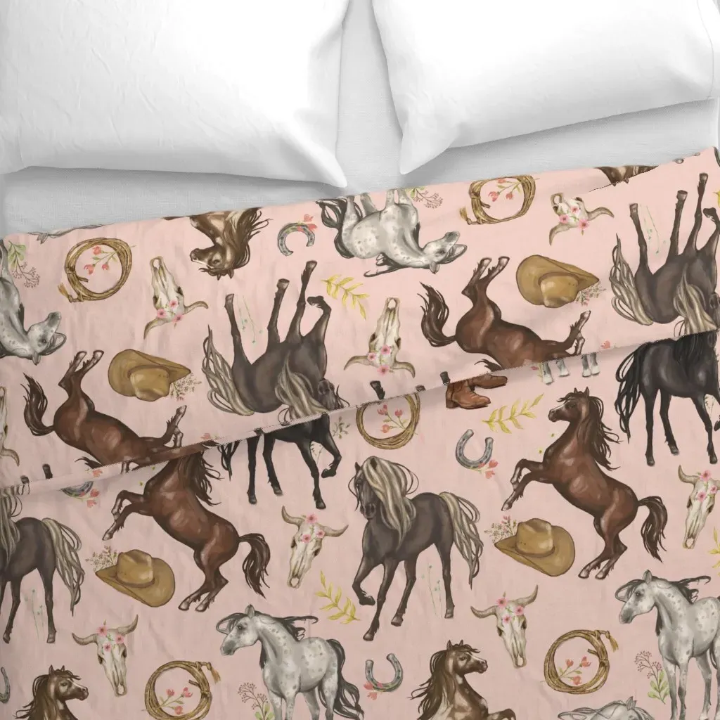 Running Horses Cow Skull Duvet Cover - Pink alternate view