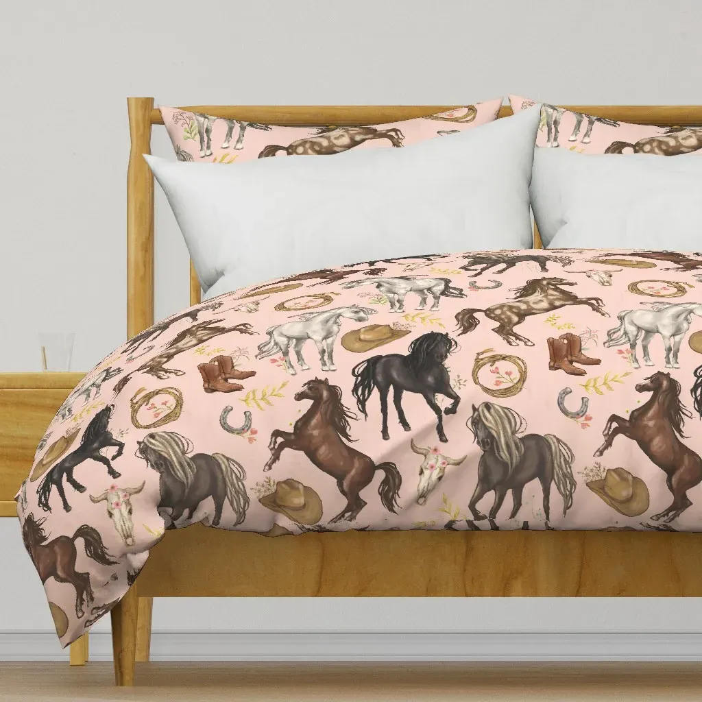 Running Horses Cow Skull Duvet Cover - Pink product