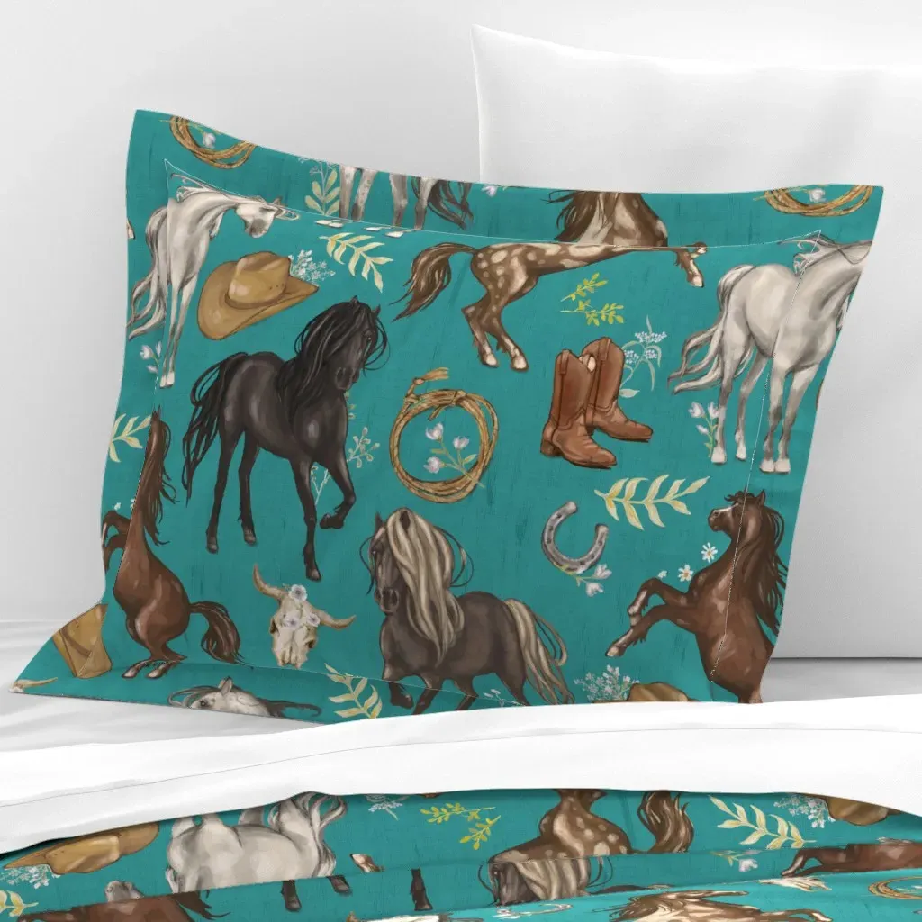 Running Horses Cow Skull Wildflowers Cushion Cover - Teal, Cotton product