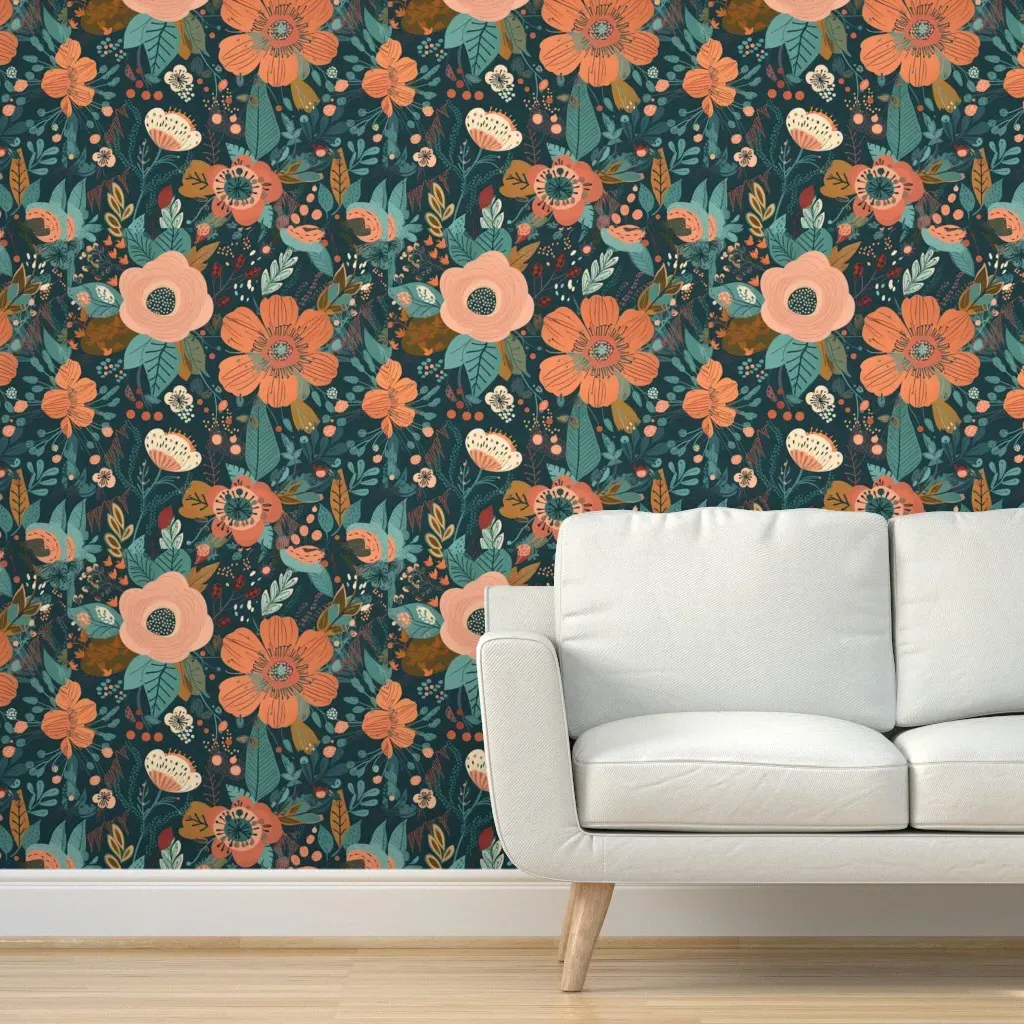 Rustic Bohemian Floral Peel and Stick Wallpaper - Terracotta Orange product