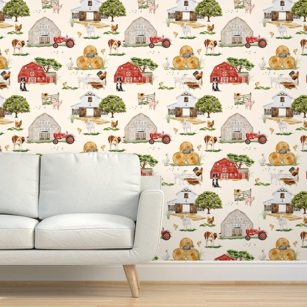 Rustic Farmyard Scene Peel and Stick Wallpaper - Red product