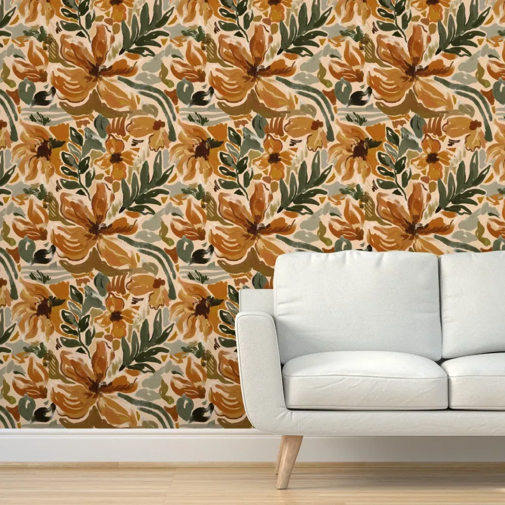 Rustic Floral Brushstroke Peel and Stick Wallpaper - Burnt Orange product