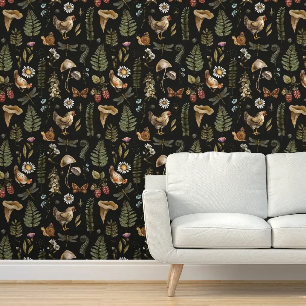 Rustic Flowers Mushrooms Chicken Peel and Stick Wallpaper - Beige product