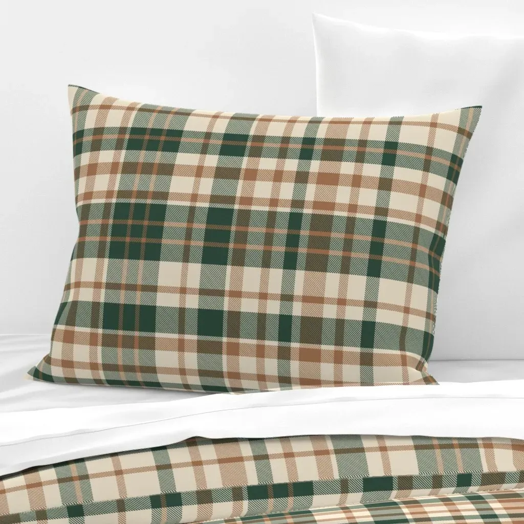Rustic Forest Green & Chestnut Brown Plaid Standard Knife Edge Pillow Sham - Beige, Cotton Sateen product