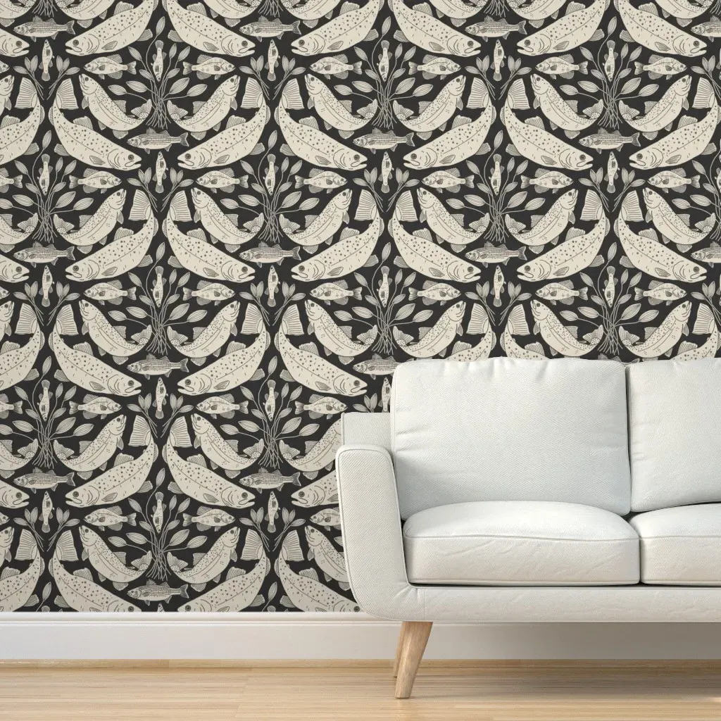 Rustic Freshwater Fish Block Print Peel and Stick Wallpaper - Cream, Charcoal Black product