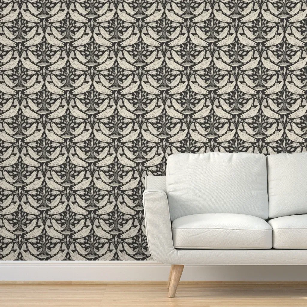 Rustic Freshwater Fish Block Print Peel and Stick Wallpaper - Cream product