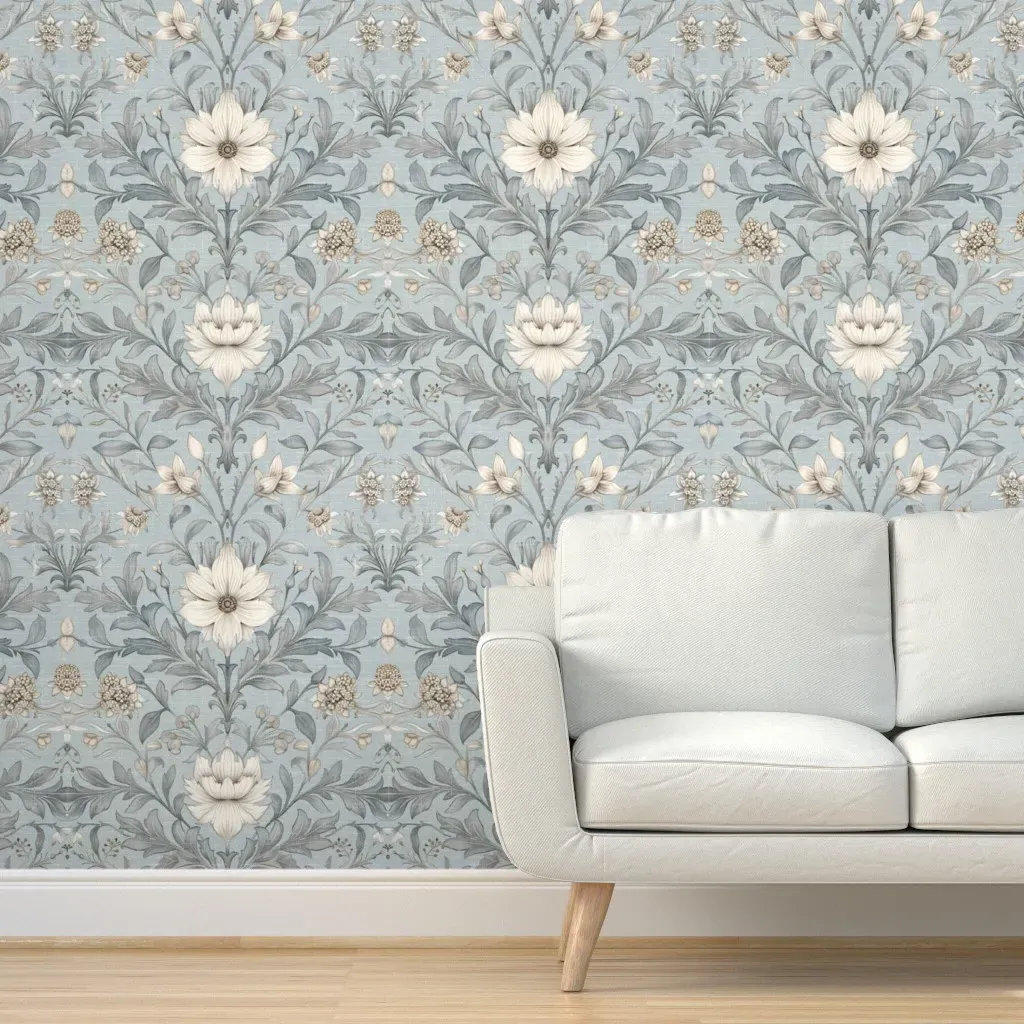 Rustic Lilies & Snowdrops Damask Peel and Stick Wallpaper - Seafoam product