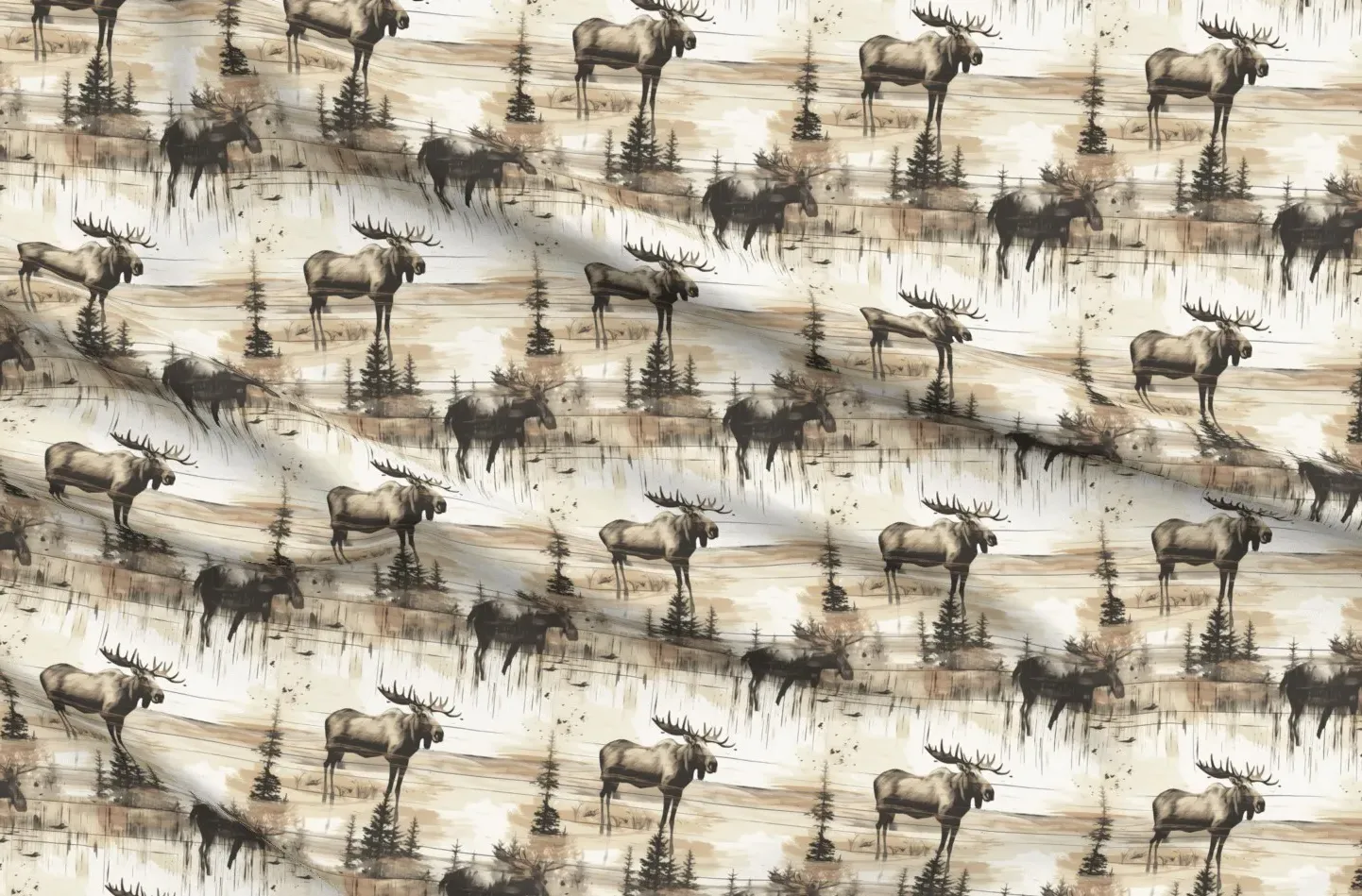 Rustic Moose Distressed Barnwood Print Fabric - Beige product