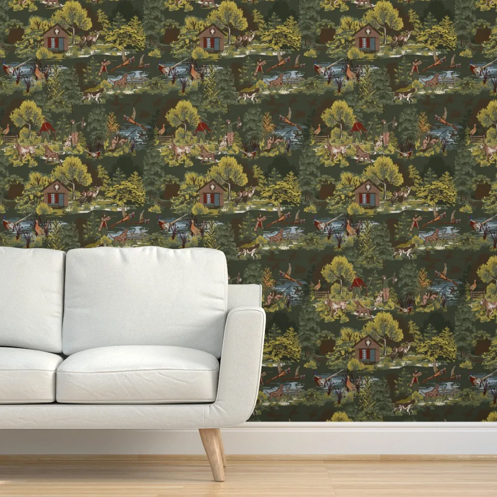 Rustic Pheasant Hunt Cabincore Peel and Stick Wallpaper - Forest Green product