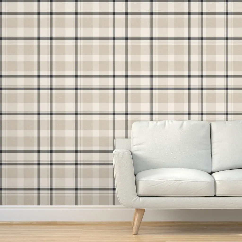 Rustic Plaid Linen Texture Peel and Stick Wallpaper - Cream White & Warm Taupe product