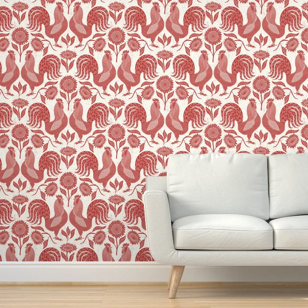 Rustic Roosters and Sunflowers Peel and Stick Wallpaper - Red product