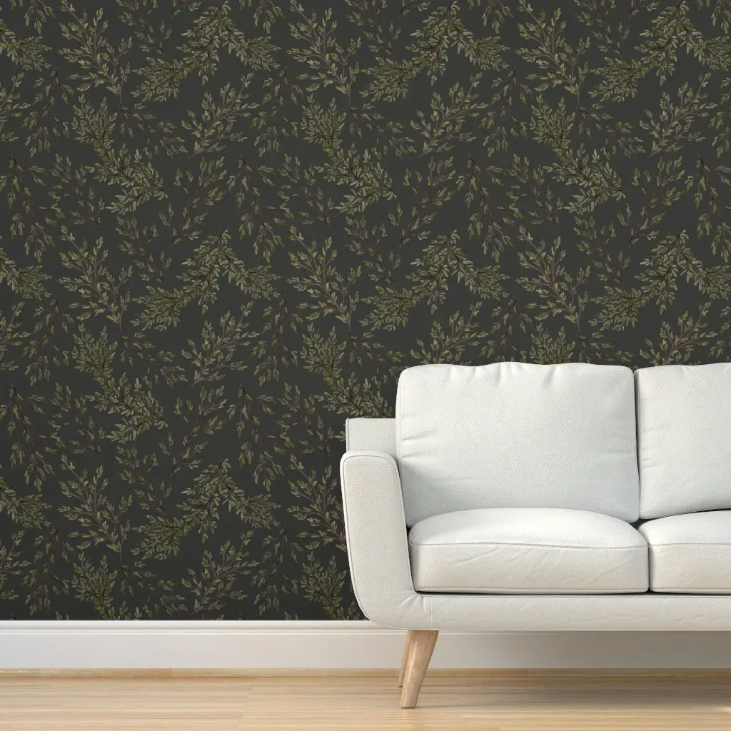 Rustic Watercolour Leaf Branches Peel and Stick Wallpaper - Charcoal Black product