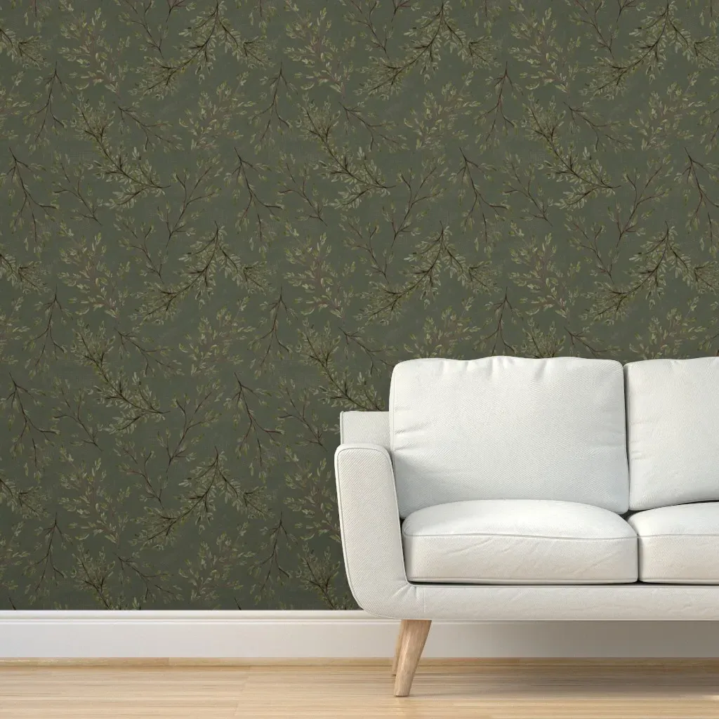 Rustic Watercolour Leaf Branches Peel and Stick Wallpaper - Sage Green product