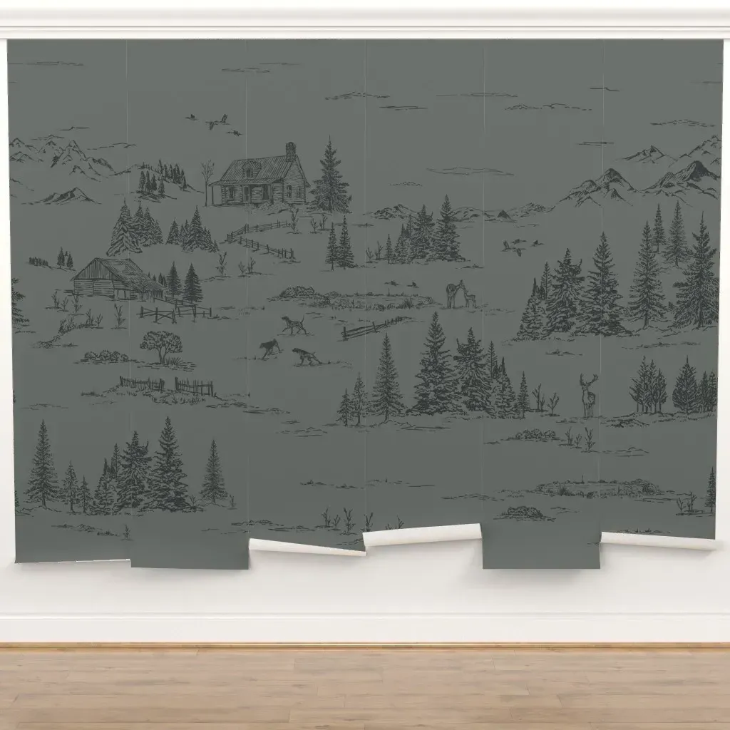 Rustic Winter Landscape Toile Peel and Stick Wall Mural - Dark Green Gray product