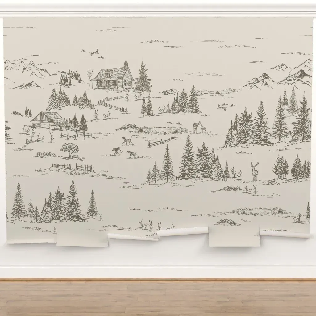 Rustic Winter Landscape Toile Peel and Stick Wall Mural - Taupe product