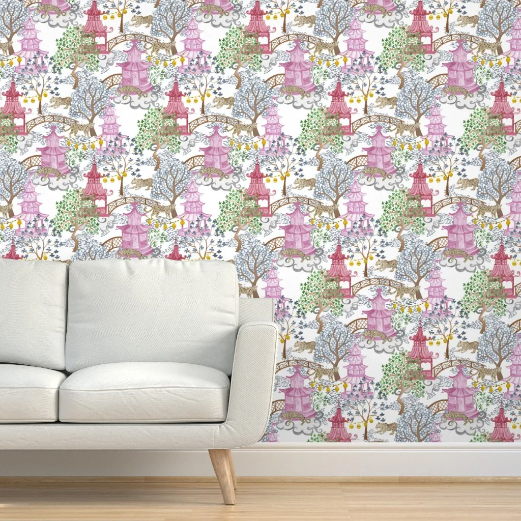 Ruth Party Leopards Pagoda Forest Peel and Stick Wallpaper - Navy, Pink product
