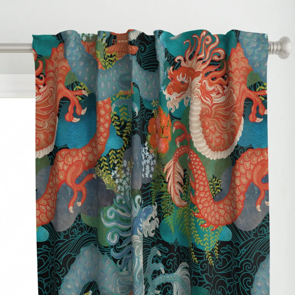 Ryu Ocean Dragon Black Curtain Panel - Teal alternate view