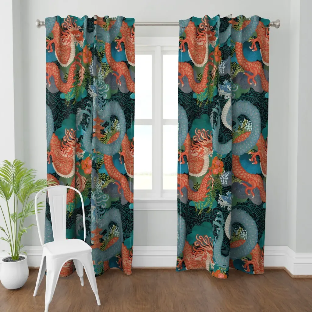 Ryu Ocean Dragon Black Curtain Panel - Teal product