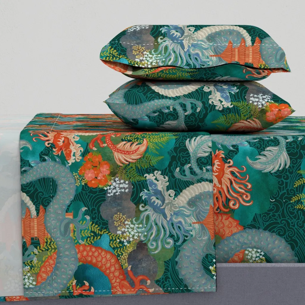 Ryu Ocean Dragon Twin Sheet Set - Teal product