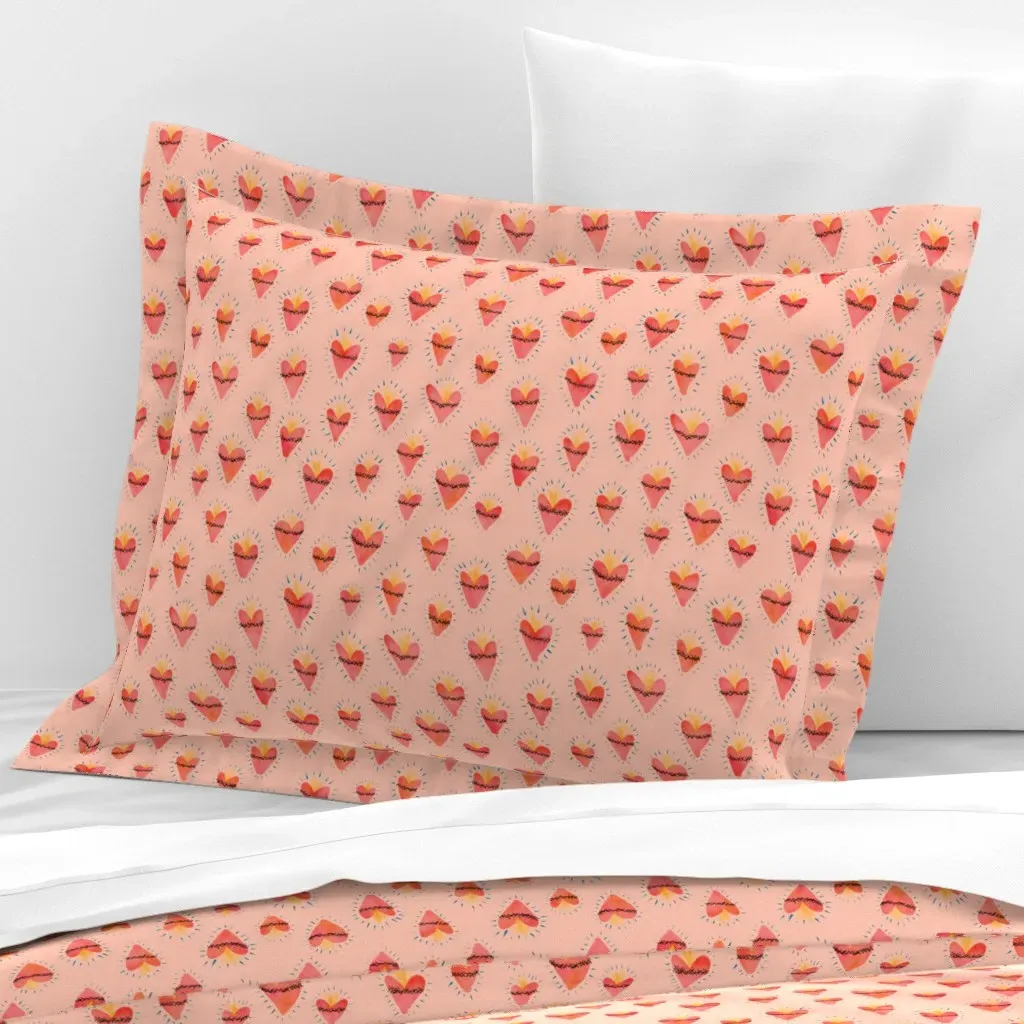 Sacred Heart on Pink Standard Flanged Cushion Cover - Red-Orange, Cotton Sateen product
