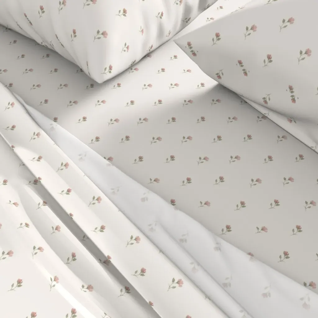 Sage and Blush Flower on Cream Small Scale Full Sheet Set - Dusty Rose alternate view