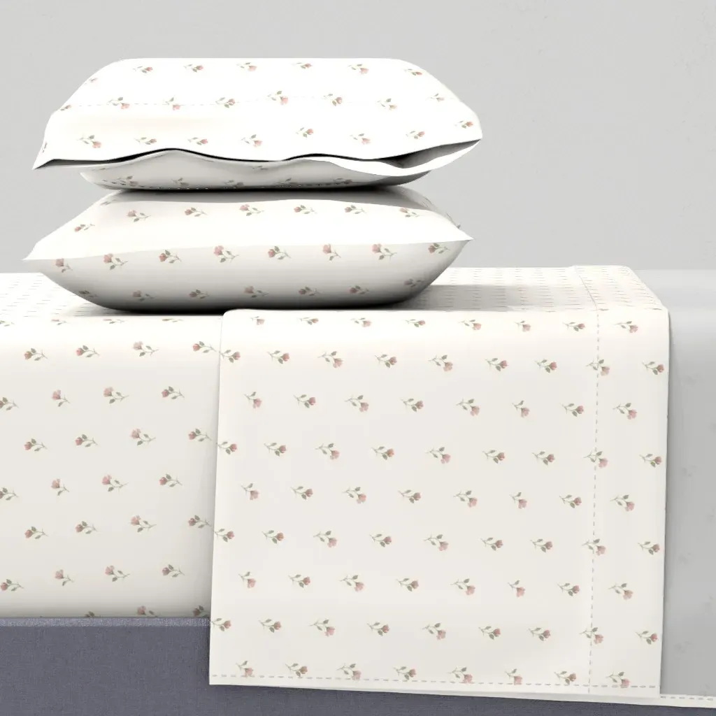 Sage and Blush Flower on Cream Small Scale Full Sheet Set - Dusty Rose product