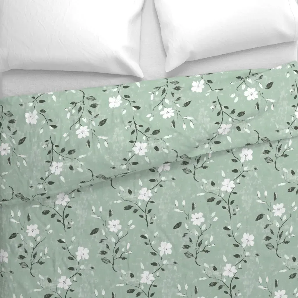 Sage Green Floral Distressed Duvet Cover - White alternate view