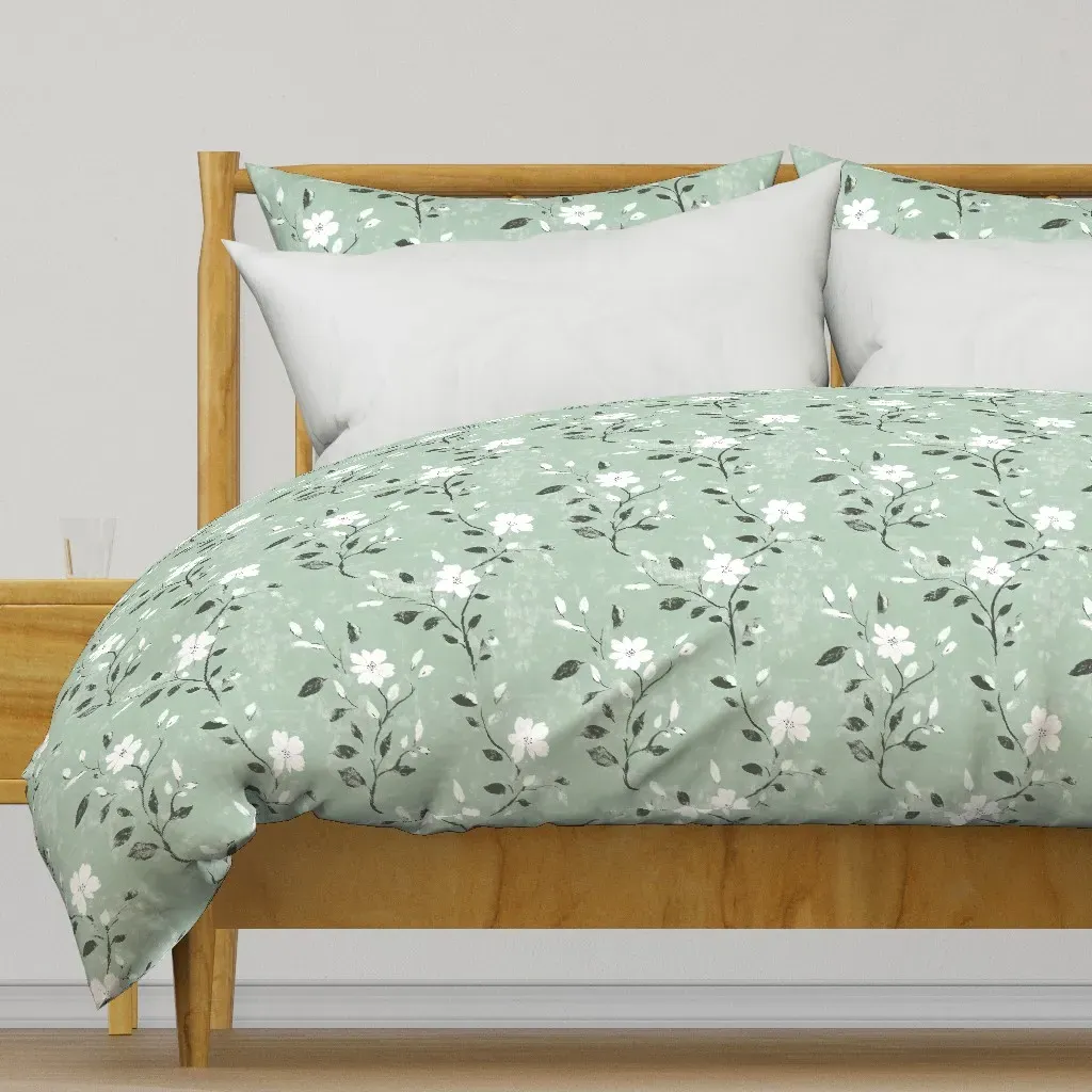 Sage Green Floral Distressed Duvet Cover - White product