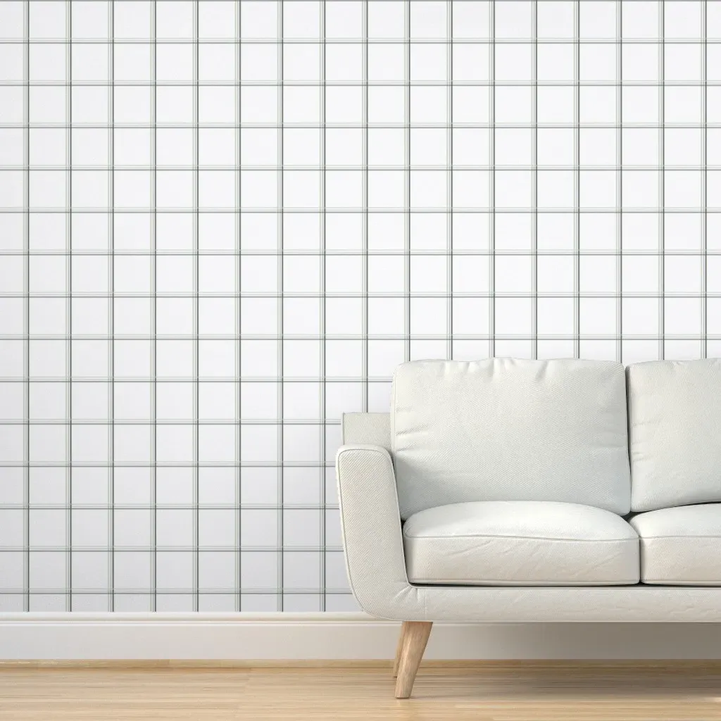 Sage Green French Windowpane Plaid Peel and Stick Wallpaper - White product