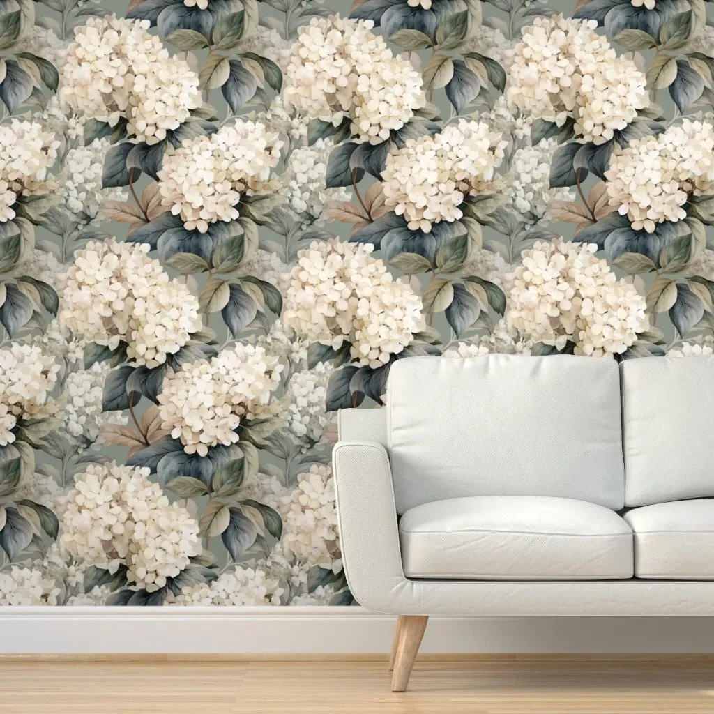 Sage Green Hydrangea Peel and Stick Wallpaper - Off-White product