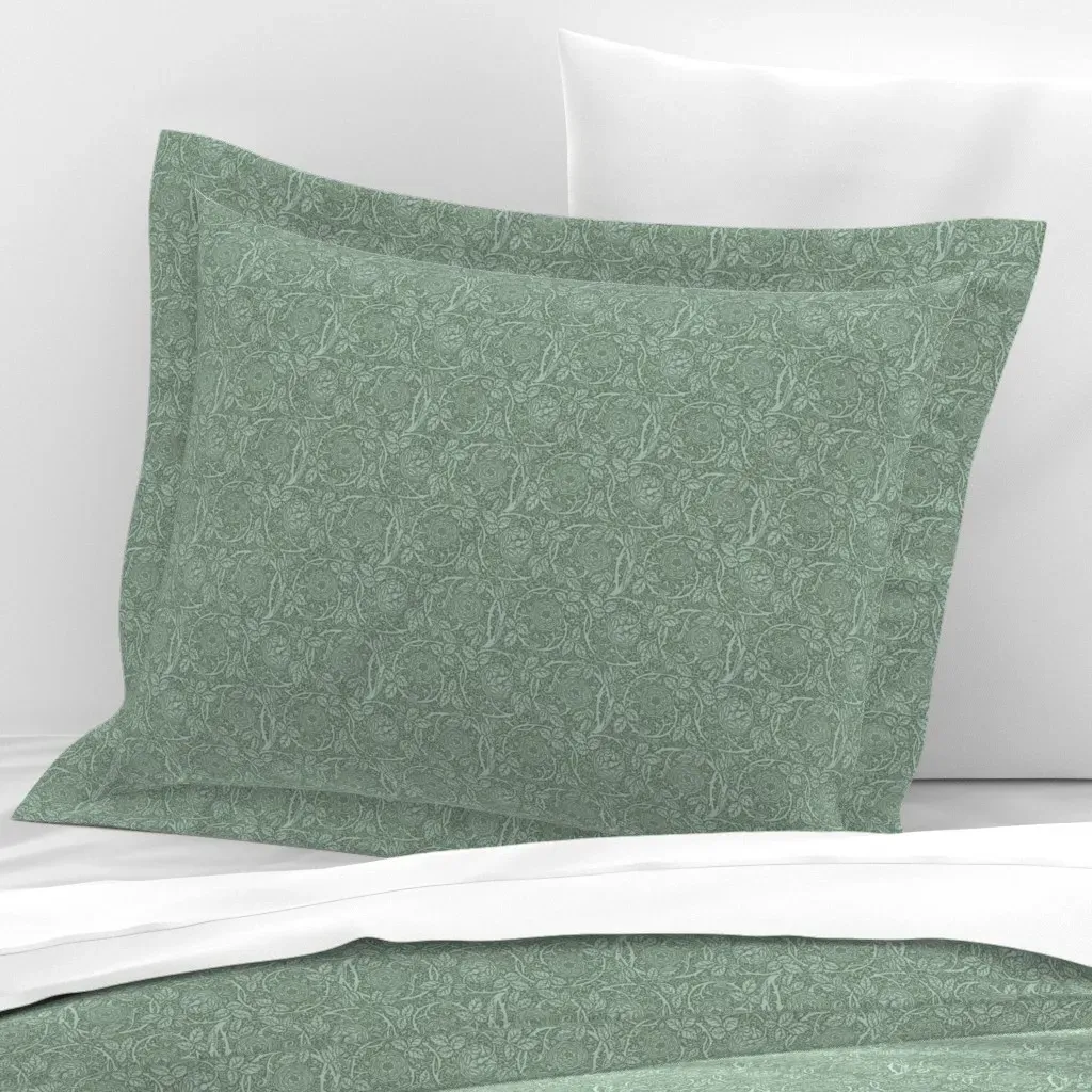 Sage Green Roses Standard Flanged Pillowcase - Sage Green, Cotton Sateen product