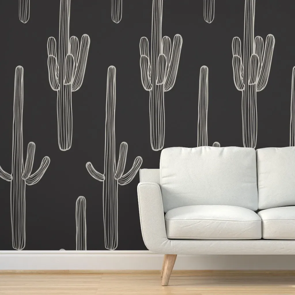Saguaro Cactus Minimal Line Art Peel and Stick Wallpaper - Beige product
